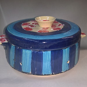 large ceramic bread crock in various blue patterns velvet