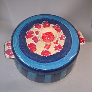 large ceramic bread crock in various blue patterns image 6