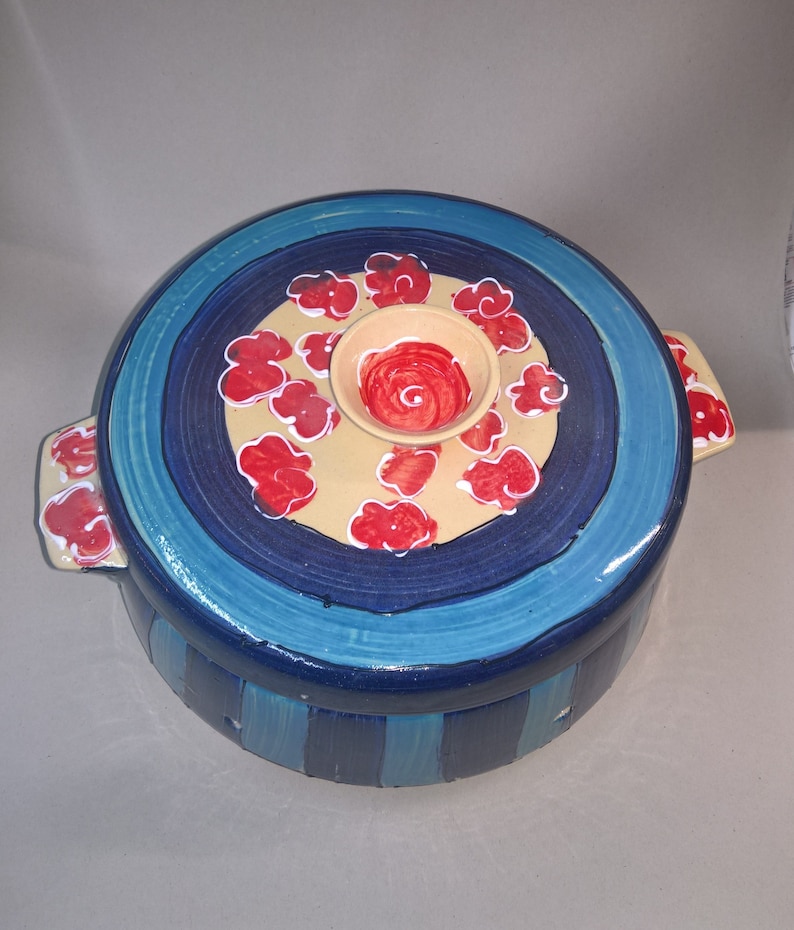 large ceramic bread crock in various blue patterns image 6