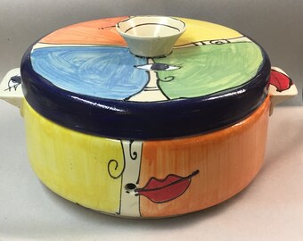 Large round ceramic bread pot with a face pattern - made to order.