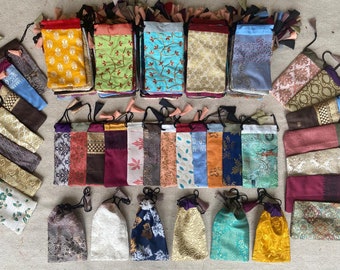 Handmade Recycled Sari Drawstring Pouches: Silk Gift Bags (4x7 Inches)