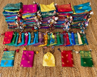 Recycled Silk Sari Hand Made Gift & Crystal Pouches or Bags For Healing Pouches, Jewellery Pouch, Presents, Silk Saree Pouch, Gift Bags