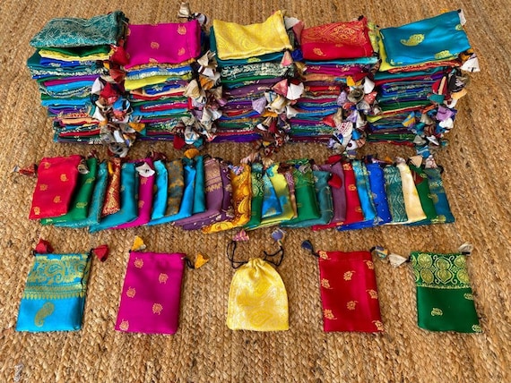 Handmade Recycled Silk Sari Drawstring Pouches, Gift & Jewelry Bags