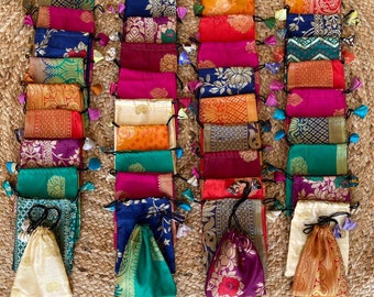 Jewellery Pouches in Banarasi Silk Sari, Gift Packaging For your Shop Accessories Goods, Size - Length 16 Width 11 Centimetre