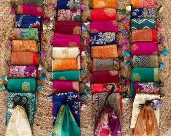 Recycled Silk Sari Drawstring Pouches: Handmade Jewelry Gift Bags banarasi silk fabric pouch (11x16cm)