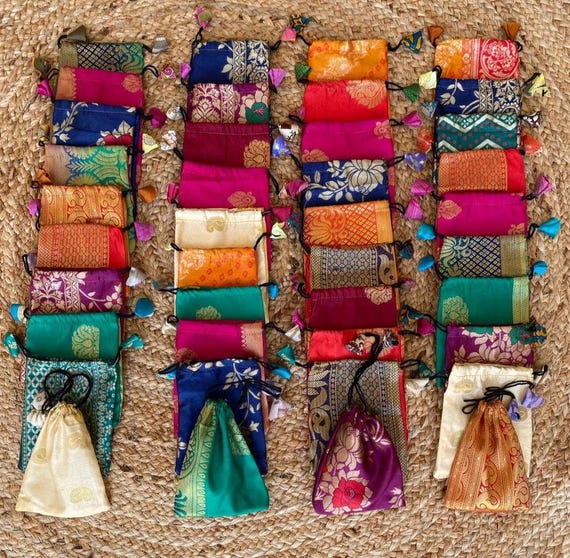 Recycled Silk Sari Drawstring Pouches: Handmade Jewelry Gift Bags banarasi silk fabric pouch (11x16cm)