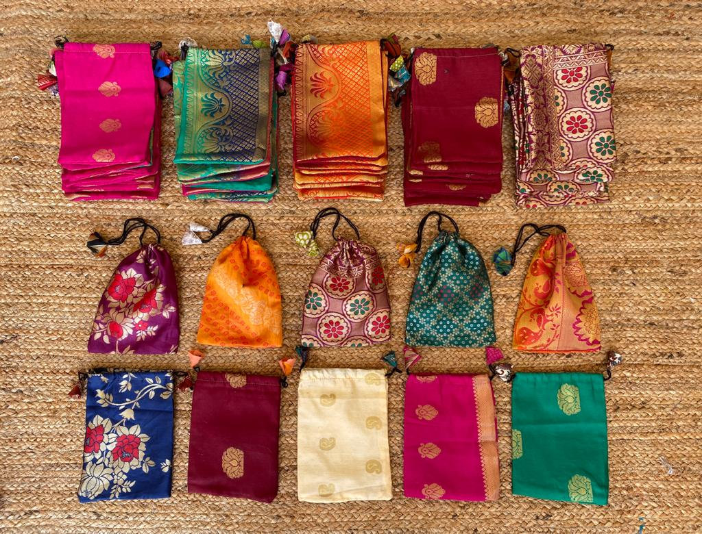 Handmade Recycled Silk Sari Drawstring Pouches: 5x7 Inch Gift Bags