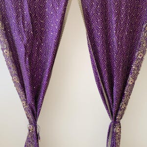 Recycled silk Sari curtain, beads work sari curtain, handmade curtain, purple color silk Sari, gold and silver beads work on it