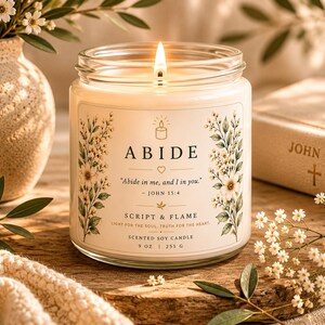 Vela Abide / Regalo cristiano para mujeres / Vela con versículo bíblico de Juan 15:4 / Vela de soja con mensaje cristiano / Decoración cristiana para el hogar