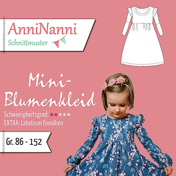 Mini Blumenkleid AnniNanni Schnittmuster, Größe 86 - 152 Kinder, Papierschnitt / Papierschnittmuster