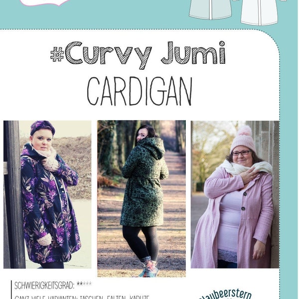 Curvy Jumi Cardigan von rosarosa Schnittmuster Größe 46 bis 58, Papierschnitt / Papierschnittmuster Blaubeerstern