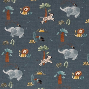 Jersey 17.40 EUR/meter jeans blue mottled elephant zebra lion toucan, Savanna Friends Swafing, fabrics sold by the meter