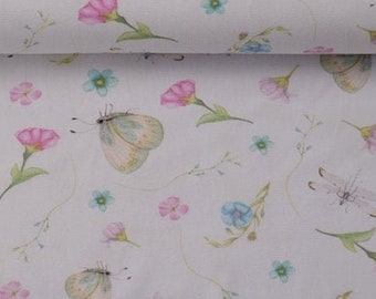 Jersey fabric 10.00 EUR/meter, enchantingly delicate watercolor flowers, butterflies and dragonflies on white, floral fabric by the meter, bargain 50 cm