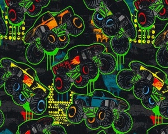 French Terry 16,00 EUR/m, Monstertrucks auf schwarz mit Neonfarben, Sommersweat Petra Swafing, Stoffe Meterware Reststück Schnäppchen