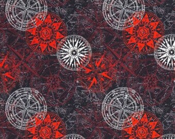 1 m cotton 6.00 EUR/meter compass red burgundy black, cotton fabric Kim Swafing, fabrics sold by the meter remnant bargain