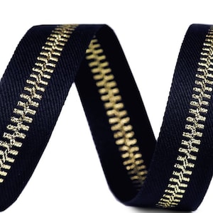 Geweven lint kledinglint blauw, breedte 20 mm, imitatie rits goudkleurig, 1,00 EUR/meter, 3 meter, verkocht per meter