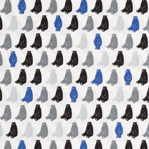 Könnte beinhalten: Ein sich wiederholendes Muster aus schwarzen und blauen Bären auf weißem Hintergrund. Die Bären sind nach vorne gerichtet und haben ihre Pfoten ausgestreckt. Die Bären sind alle gleich groß und gleich geformt.