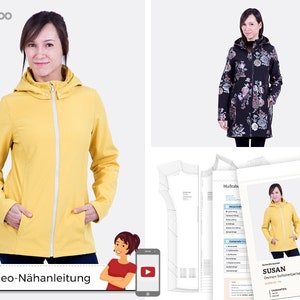 Op de afbeelding: Een gele capuchontrui met een rits en zakken. De trui is onderdeel van een naai-patroon genaamd "Susan" en bevat een video tutorial. Het patroon is verkrijgbaar in maten 34 tot 44.