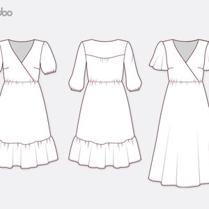 Op de afbeelding: Lijntekeningen van drie witte jurken. De jurken hebben verschillende mouwontwerpen: korte pofmouwen, driekwart mouwen en fladdermouwen. Elke jurk heeft een V-hals, een elastische taille en een geplooid zoom. Het "pattydoo"-logo staat linksboven.