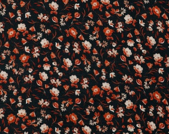 Muslin 14.40 EUR/meter digital print, black patterned with small flowers in rust, fabrics sold by the meter