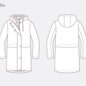 Op de afbeelding: Lijntekening van een witte regenjas met capuchon en lange mouwen. De jas heeft een knoopsluiting, zakken en een trekkoord. De afbeelding toont de voor- en achteraanzicht van het kledingstuk, ideaal voor patroonontwerp.
