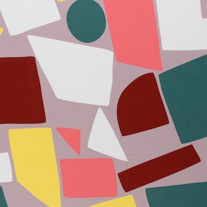 May include: Abstract geometric pattern with shapes in shades of red, pink, white, yellow, teal and green on a light purple background.