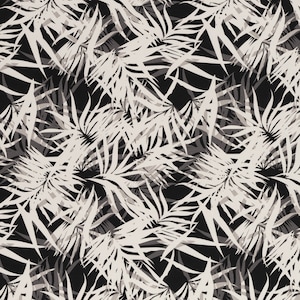 Könnte beinhalten: Ein nahtloses Muster mit weißen Palmblättern auf schwarzem Hintergrund. Die Blätter sind übereinander gelegt und überlappen sich, wodurch ein tropisches und exotisches Gefühl entsteht.