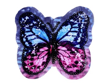 Aufbügler Schmetterling Wendepailletten, Aufnäher Wechselpailletten hellviolett blau, 3 EUR/Stück, ca. 9 x 8,5 cm