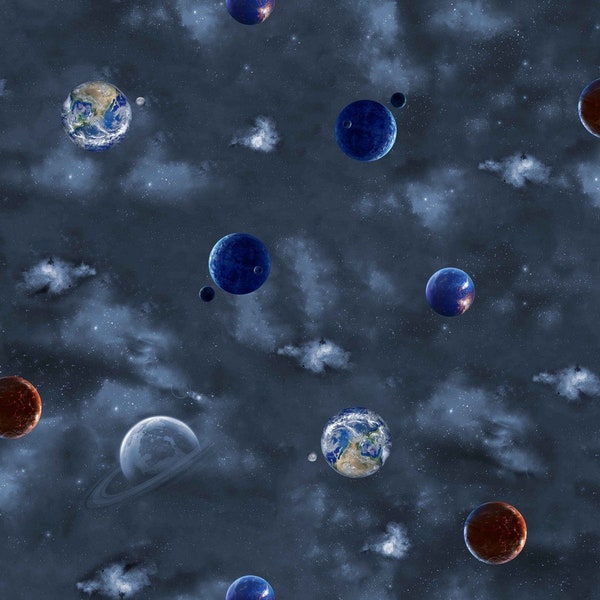 Rest 95 cm Sweat 18,00 EUR/m Digitaldruck Weltraum dunkles jeansblau, Erde Planeten, Stoffe Meterware Reststück Schnäppchen