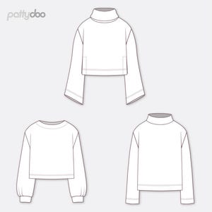 Op de afbeelding: Drie witte tops met lange mouwen en verschillende halslijnen worden getoond. De bovenste top heeft een coltrui en wijde mouwen. De onderste linker top heeft een ronde hals en de onderste rechter top heeft een coltrui.