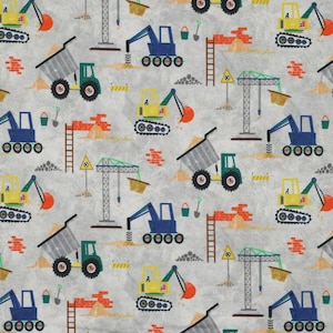 Könnte beinhalten: Ein nahtloses Muster mit verschiedenen Baumaschinen und -geräten, darunter Kipplaster, Bagger, Kräne und Bulldozer. Das Muster ist auf einem hellgrauen Hintergrund mit Akzenten in Orange, Gelb, Blau und Grün gehalten.