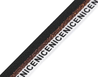2 woven ribbons, 1.50 EUR/meter, 16 mm braid, black, copper, and white striped, with the inscription "nice", sold by the meter