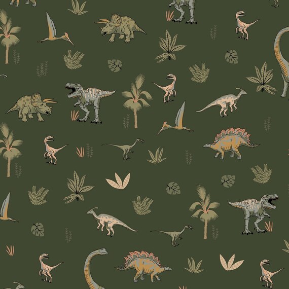 French Terry Dinos EUR/meter, dinosaur summer sweat on dark green,  children's fabric boys, fabrics by the meter