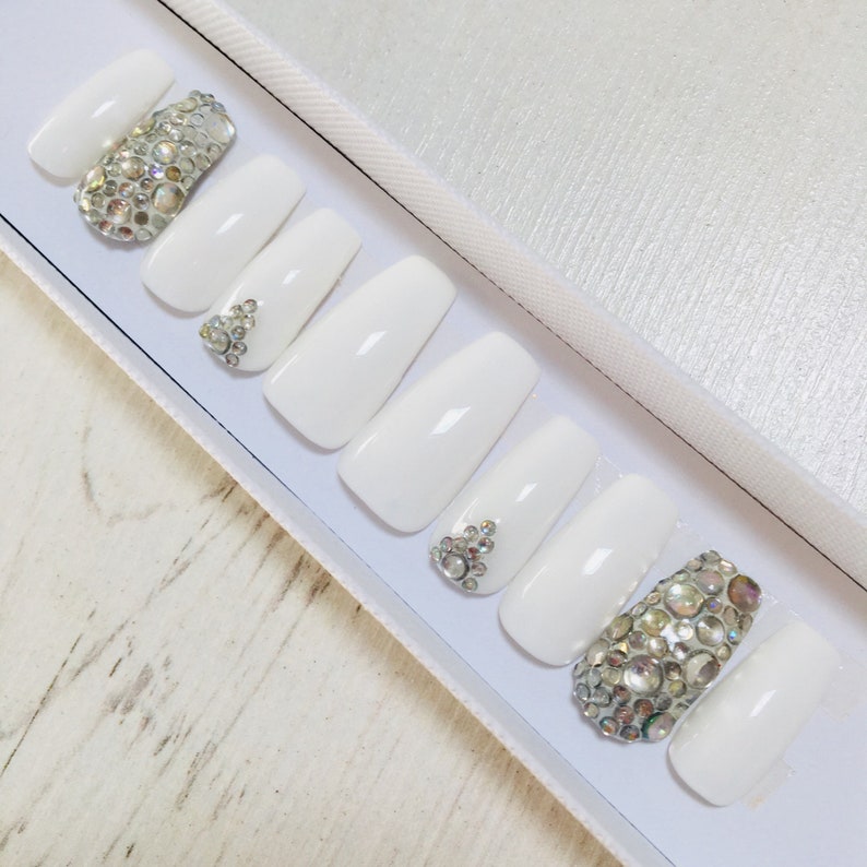 White fake stick on nails with diamanté | Etsy