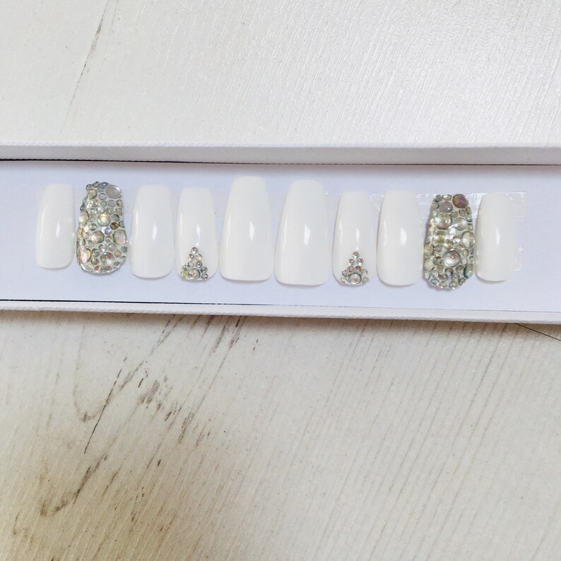 White fake stick on nails with diamanté Etsy