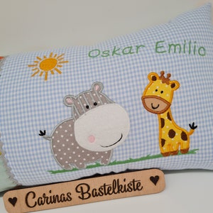 Geburtskissen, Namenskissen, Kissen personalisiert, Geschenk zur Geburt, Schmusekissen, Nilpferd & Giraffe, mit Namen, Baby, Taufe Bild 2