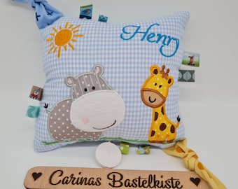 Spieluhr * Spieluhr Baby * Spieluhr mit Wunschmelodie * Kissen personalisiert * Geschenk zur Geburt * Kissen mit Namen *  Nilpferd & Giraffe