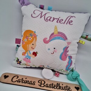 Geschenk zur Geburt, Kissen personalisiert, Schmusekissen, Mädchen mit Einhorn, Kuschelkissen, Baby, Kissen Bild 4