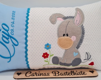 Birth pillow, name pillow, personalized pillow, birth gift, pillow with name, child pillow, baby pillow, donkey pillow