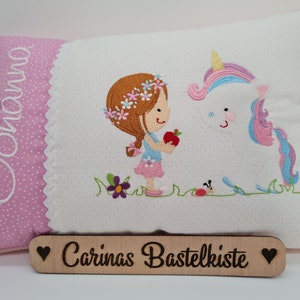 Geschenk zur Geburt, Kissen personalisiert, Schmusekissen, Mädchen mit Einhorn, Kuschelkissen, Baby, Kissen Bild 7