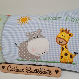 Geburtskissen, Namenskissen, Kissen personalisiert, Geschenk zur Geburt, Schmusekissen, Nilpferd & Giraffe, mit Namen, Baby, Taufe Bild 6