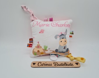 Spieluhr, Spieluhr Esel am Strand, Spieluhr Baby, Spieluhr mit Wunschmelodie, Kissen personalisiert, Geschenk zur Geburt, Kissen mit Namen