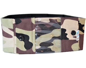 Sports band, with viewing window, insulin pump, pump bag, belly band, camouflage brown