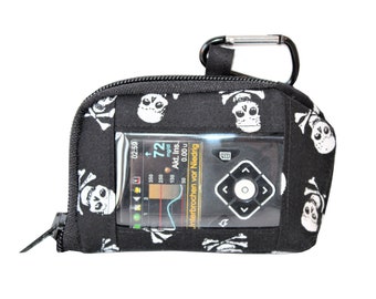 Pump bag, protective cover, sensor, insulin pump, pump pockets, viewing windows, small skulls