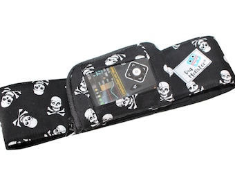 Insulin pump bag with viewing window small skulls and a tightly sewn band with Velcro closure