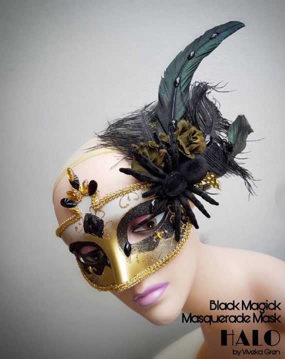 olive The Black Magick Masquerade Mask: Venetian style carnival mask Hand made in black yellow and gold with feathers and rhinestones