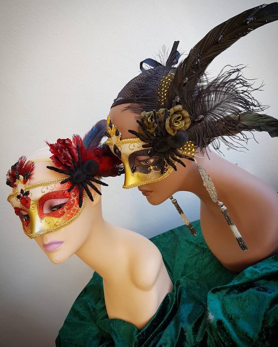 olive The Black Magick Masquerade Mask: Venetian style carnival mask Hand made in black yellow and gold with feathers and rhinestones