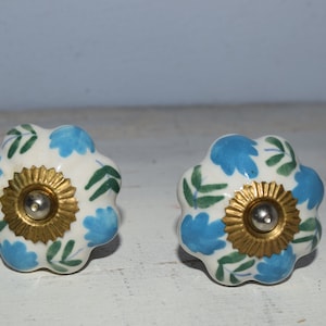 Könnte beinhalten: Zwei Keramik-Schrankknöpfe mit weißer Basis und blauen und grünen Blumenmustern. Die Knöpfe haben eine goldene Metallmitte.