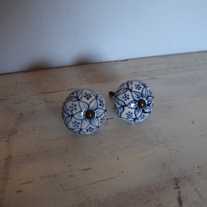 Può includere: Due pomelli in ceramica bianca con un motivo floreale blu. I pomelli hanno una vite in ottone al centro.