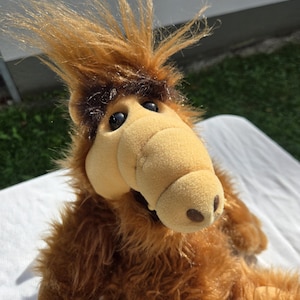Op de afbeelding: Een pluche speelgoedfiguur met ruige bruine vacht, een opvallende beige snuit en donkerbruine wenkbrauwen. Het figuur heeft een plukje stekelig bruin haar bovenop het hoofd en kleine zwarte ogen, lijkend op het bekende televisiepersonage ALF.